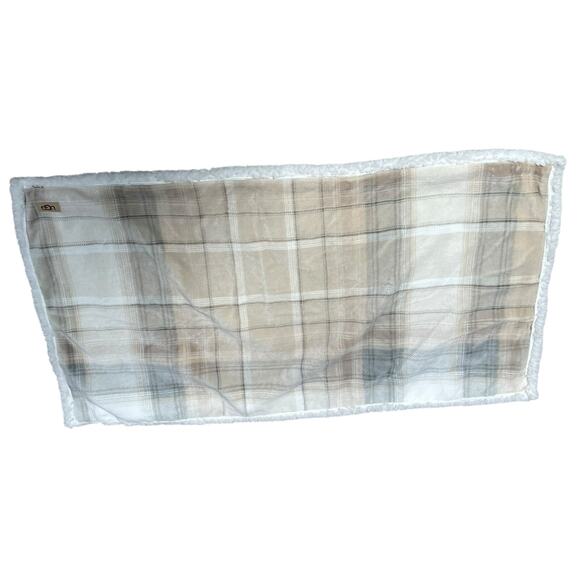 UGG King Plaid Pillowcase Sham Tan Gray Plush Sherpa Faux Fur Zipper Closure - Picture 3 of 13